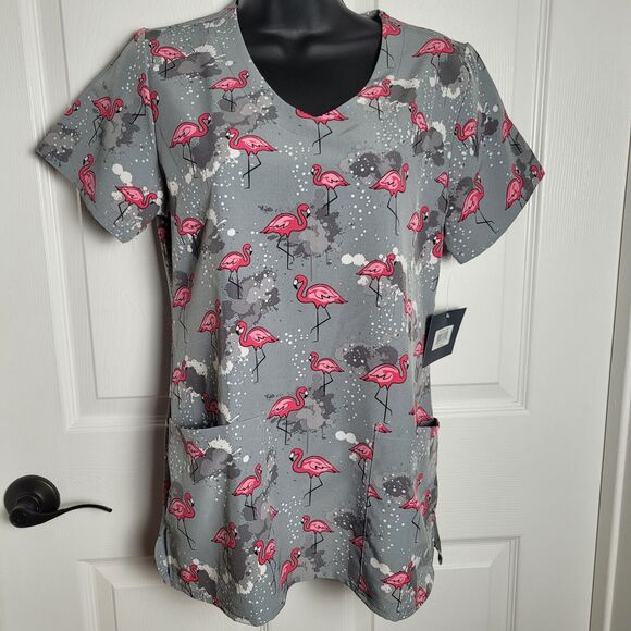 Zoe+Chloe Tops - Zoe Chloe Top Womans XSmall Gray Short Sleeve Scrub Flamingo Stretch Pockets